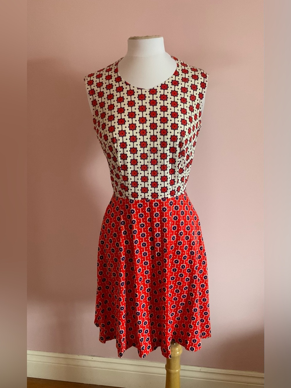 Vintage 70s  Red Floral Fit & Flare Dress